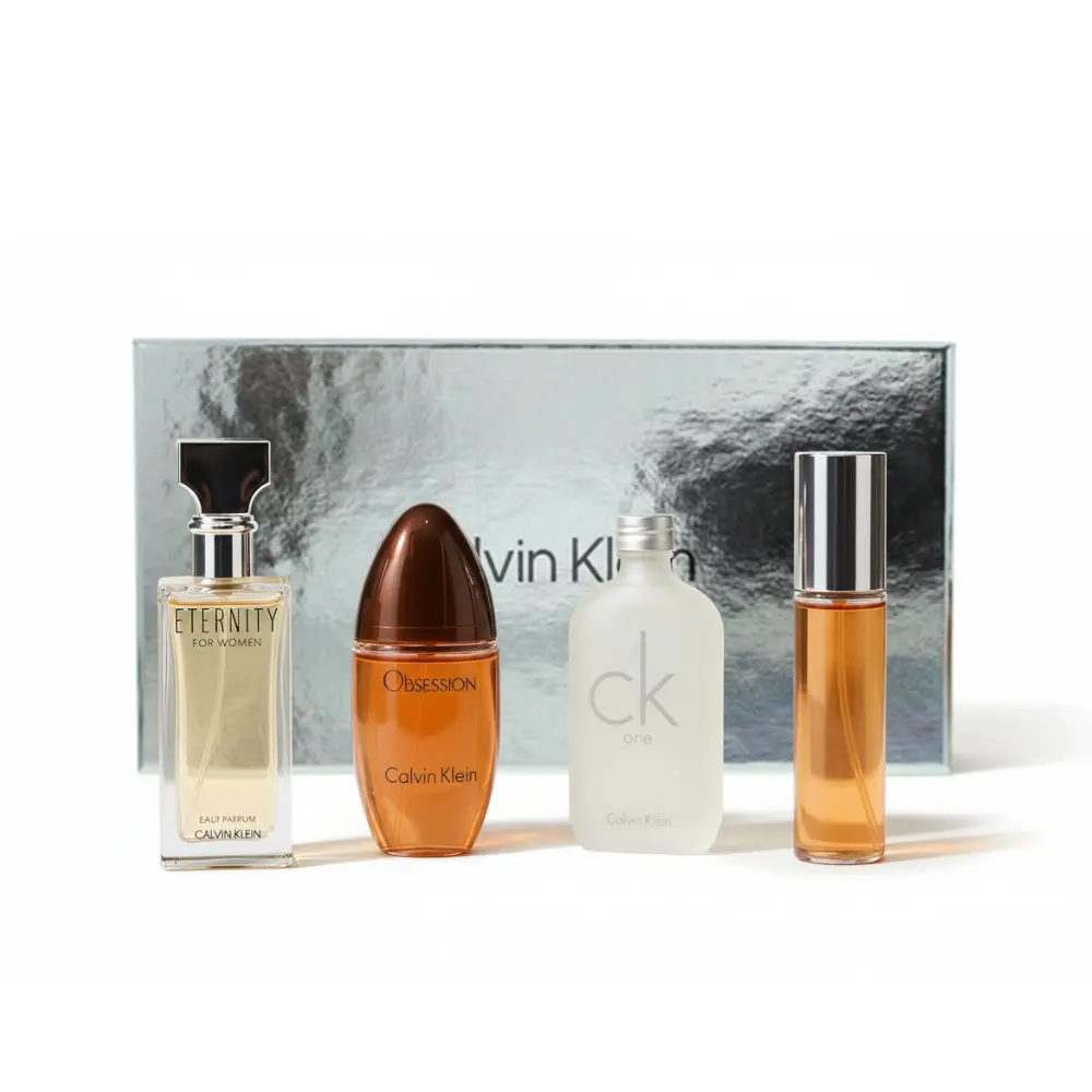 Calvin Klein 4-Piece Mini Variety Set for Women | Eternity, Obsession, CK One, Escape | 0.5 oz Each | Travel Size Perfume Collection
