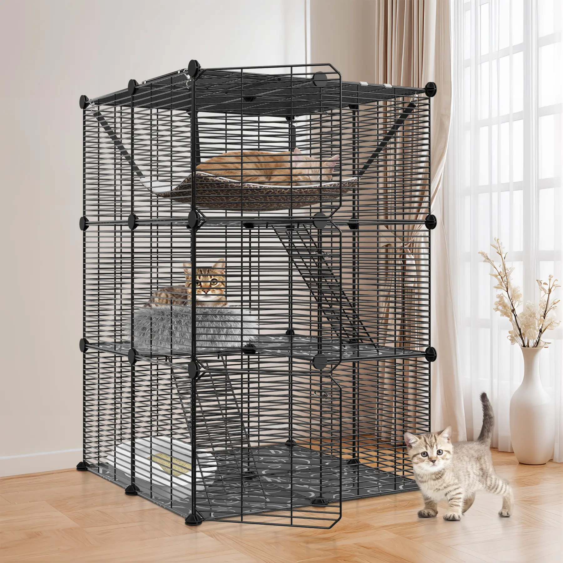 Zeny DIY Multi-Level Metal Wire Kitty Cage Carrier - 3-Tier/4-Tier Enclosed Indoor Kennel Playpen with 1 x Hammock, Skylight Door, Connectors, 1 x Instructions, Spacious Area for Cats, Small Animals, Mesh Panels