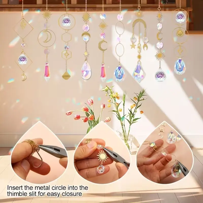 200pcs Sun Catcher Making Kit for Adults, Crystal Catching Mirror Supplies, Colorful Glass Prisms, Rainbow Pendants in Gold/silver Color, Garden Accessories