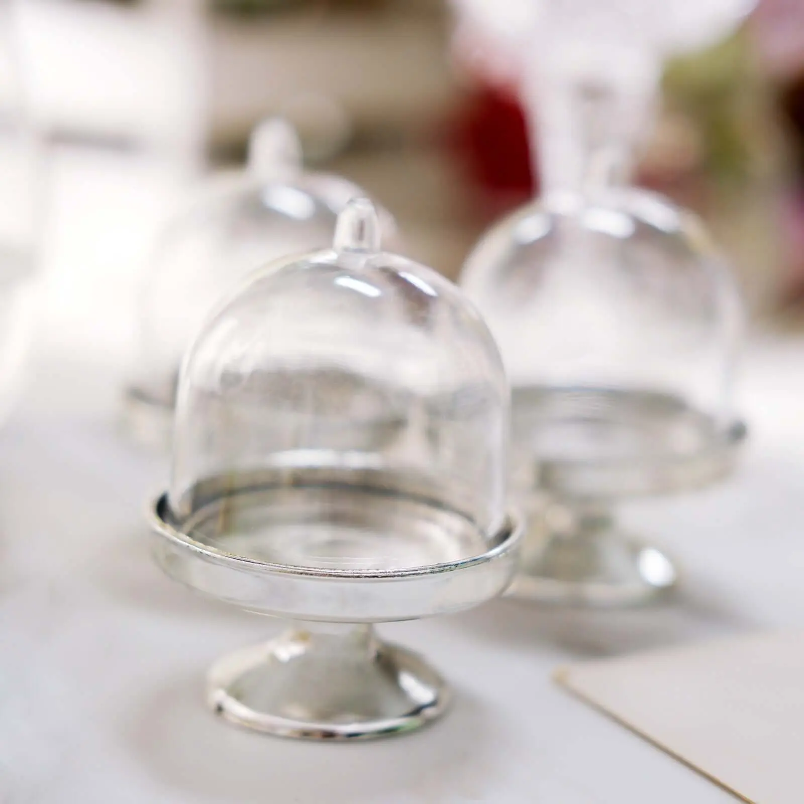 12-Pack Clear/Silver Fillable Mini Pedestal Candy Containers with Dome Lids, 3" Size Food Storage Containers for Wedding Favors, Display Mini Tarts & Kitchen Utensil Organization, 12 Mini Containers