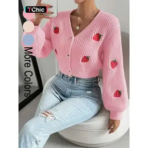Women's Strawberry Embroidery Button Front Crop Cardigan, Casual V Neck Lantern Sleeve Knitwear for Spring & Fall, Fashion Women's Knit Clothing for Daily Wear