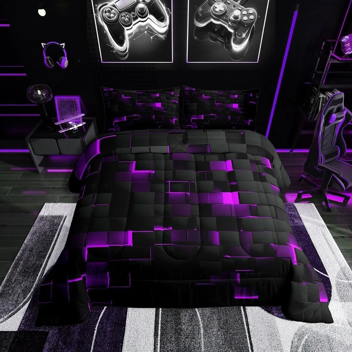 Black Purple Comforter Set Neon Geometric Checkered Bedding Set for Women,Tereoscopic Grids Comforter Square Plaid Quilt Duvet Room Decor