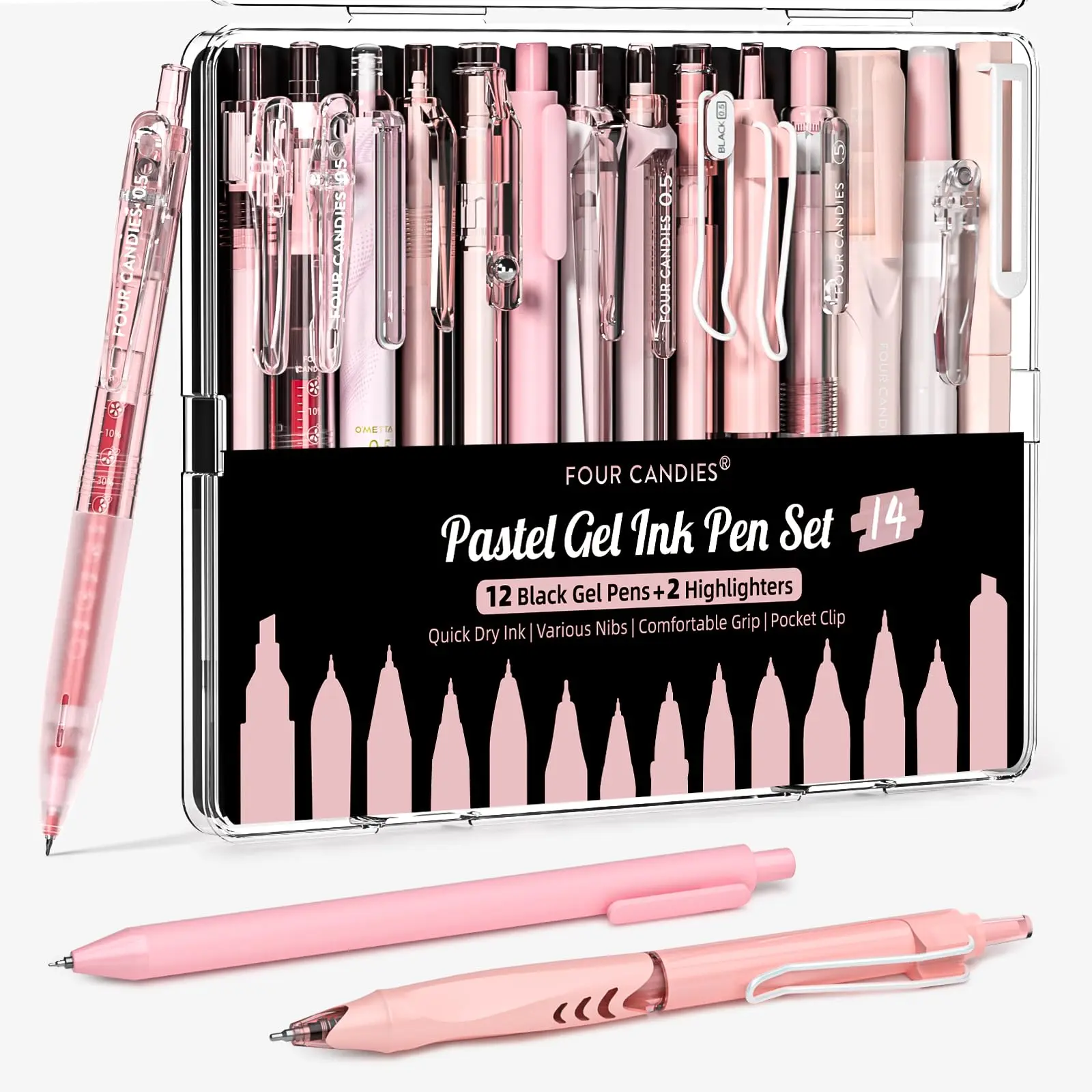 Four Candies Writing Ink Pens with Black & Pink Ink and 2Pack Highlighter, Cute Retractable 0.5mm Smooth Writing Pens,Pink Pens for School, Office Girly Stationery Aesthetic Desk Accessories Set of 14