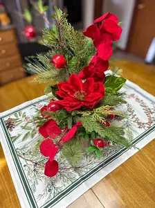 Red Velvet Magnolia Centerpiece With Pomegranates – Dramatic Holiday Arrangement