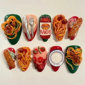 T40 Lynn Spaghetti Dinner Press-On Nails, 3D Pasta, Rao’s Jar, Baguette & Tomato Charms, Custom Handmade, Foodie Fun Style, Gift for Herer