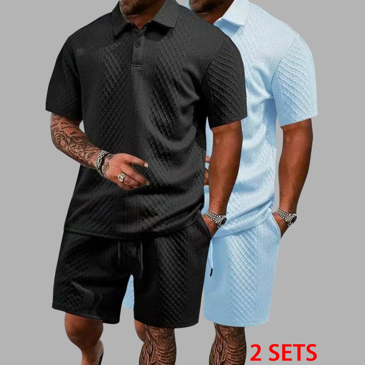 Men's summer casual texture fabric solid color polo shirt T-shirt shorts 2-piece set, loose fit suitable for casual sports, breathable and cool, essential summer outfit, comfortable and versatile  Menswear Plain, Shortsleeve, 1 Set (Dark Blue)