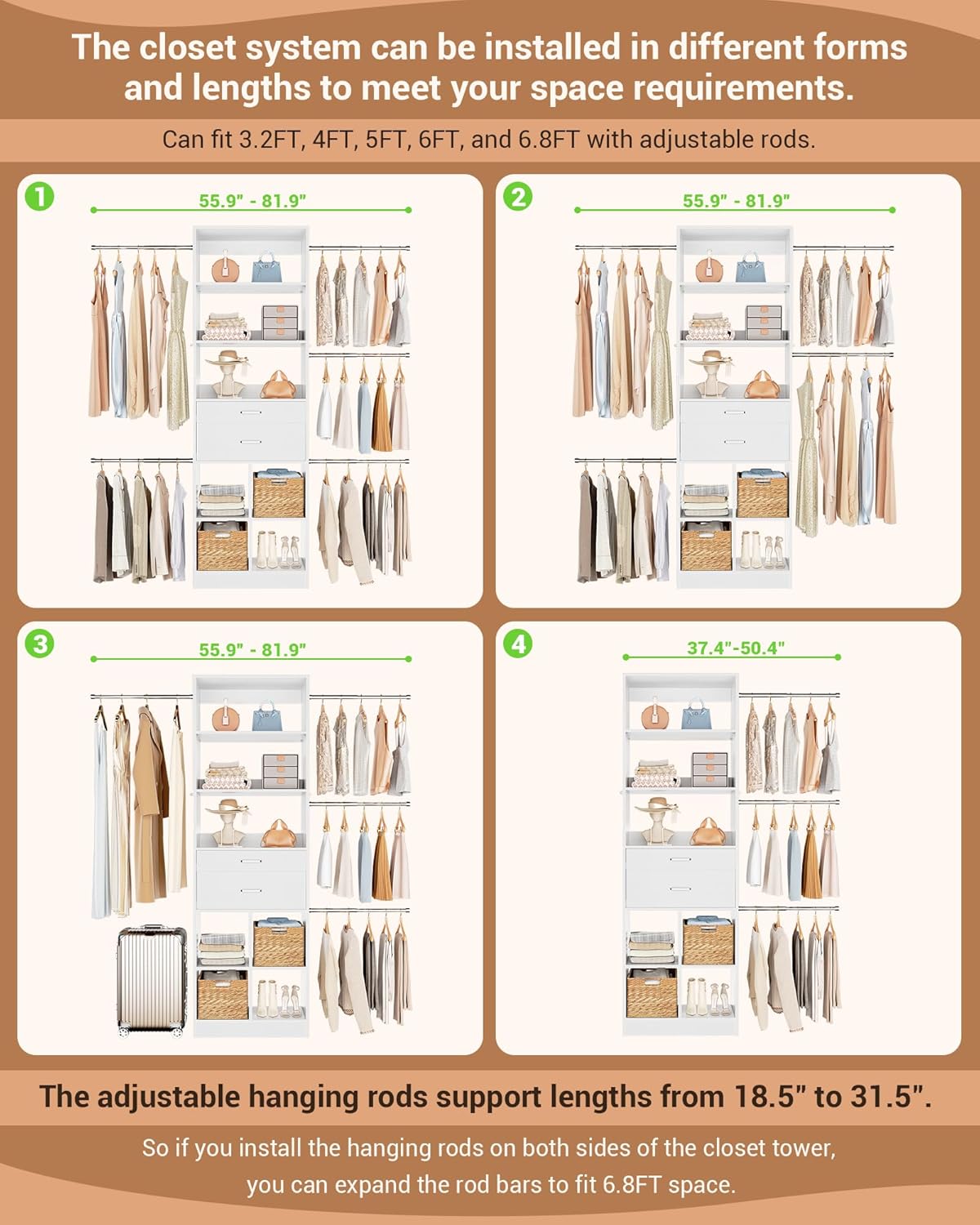 56''-81'' Adjustable Closet System for Reach-in/Walk-in/Built-in Closet Space, 3.2-6.8FT Small Closet Organizer Wardrobe Tower with 2 Wooden Drawers & 5 Expanable Hanging Rods