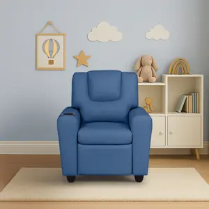 Kids Recliner Comfort with Cup Holder Blue Fabric Comfort Recliner Chair