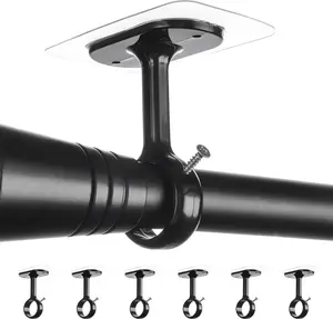 6-Pack No Drill Ceiling Curtain Rod Holder Brackets, Adhesive No Screw No Damage Bracket Holders, No Drilling Stick Heavy Duty Black Curtain Hangers Hooks for 0.8" to 1.24" Rod