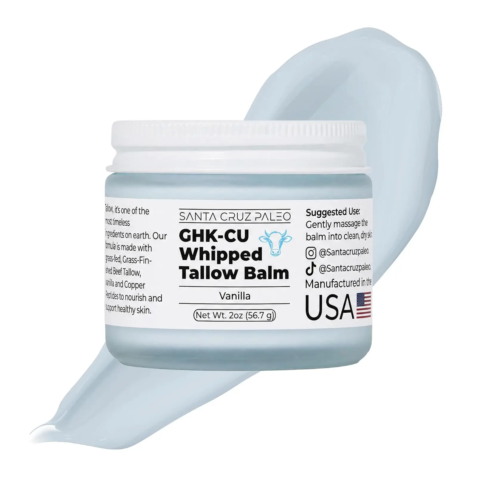 Santa Cruz Paleo GHK-Cu Whipped Tallow Balm + Copper Peptide, Vanilla, 2 Oz | Grass Fed Beef Tallow Moisturizer, Jojoba Oil, Vitamin E Skin Cream, Body Butter, Face Cream, Dry Skin Care, Body Lotion