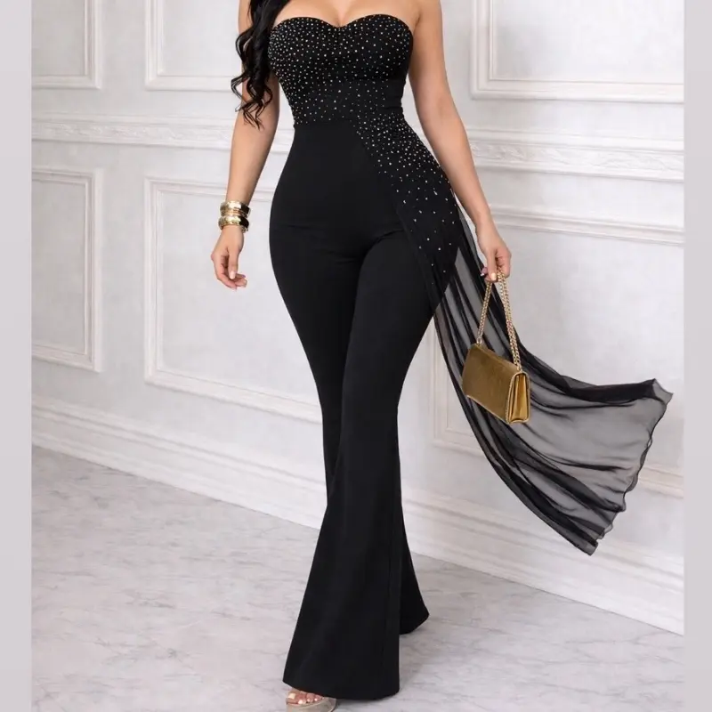 Women's S25-05 Sleeveless Strapless Flared Overalls Jumpsuit - Stretch Fabric, Rhinestone Sparkle Effect, Sheer Fit, Flared Pants, Leg, Soft