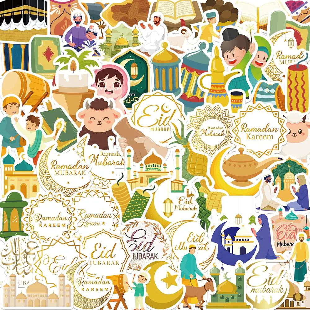 Islamic Eid Mubarak Themed Sticker, 70pcs/set Cartoon Cute Pattern Decorative Sticker, DIY Waterproof Decorative Sticker for Phone Case, Water Bottle, Notebook, Ornaments