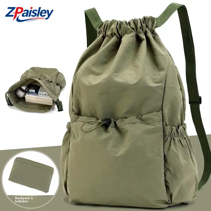 Foldable Drawstring Backpack for Men and Women, Lightweight Water-Resistant Gym Sackpack with Multi-Pockets, Large-Capacity Portable Collapsible Bag for Gym, Hiking, Daily Use