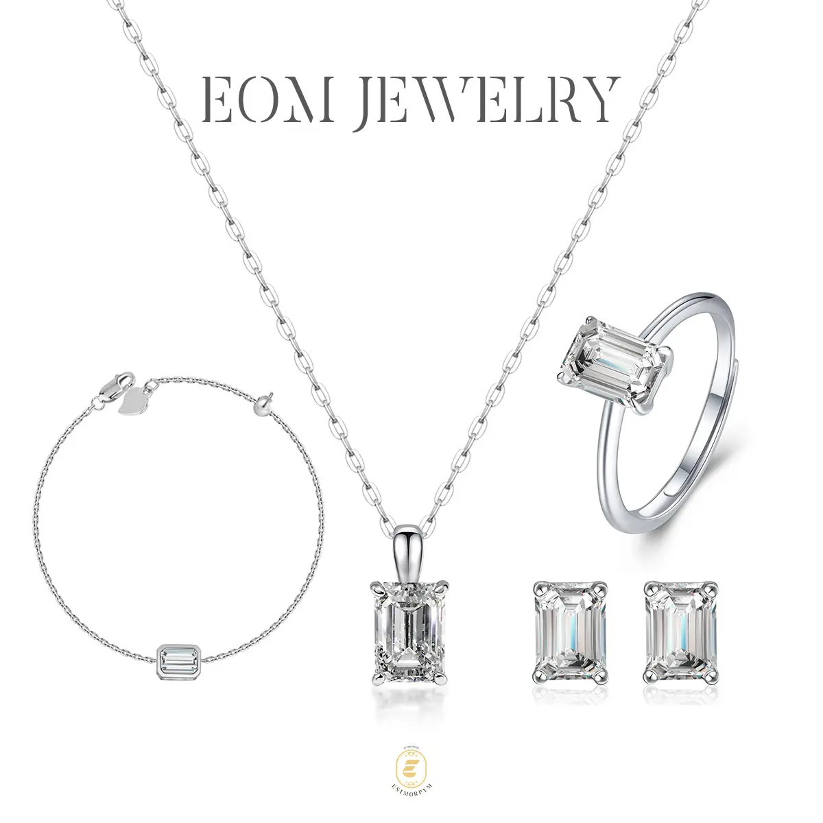 Moissanite 1ct Solitaire Step Cut Jewelry Set Silver-Plated Earrings Ring Necklace Bracelet Set for Birthday Wedding Engagement Anniversary Gift Daily Wear