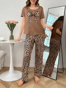 Women's Sleepwear Set, Loungewear, Leopard Bow Print Design, Short Sleeve Loose Top & Comfortable Long Pants, Soft Fabric for Home Wear, Pajama Set