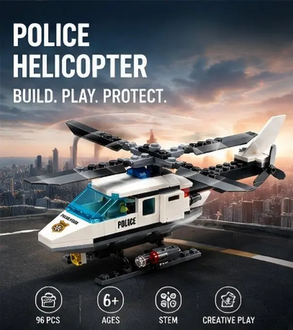 Police Helicopter Building Blocks Kit  Realistic Rescue Aircraft Model | STEM Educational Toy & Gift for Kids