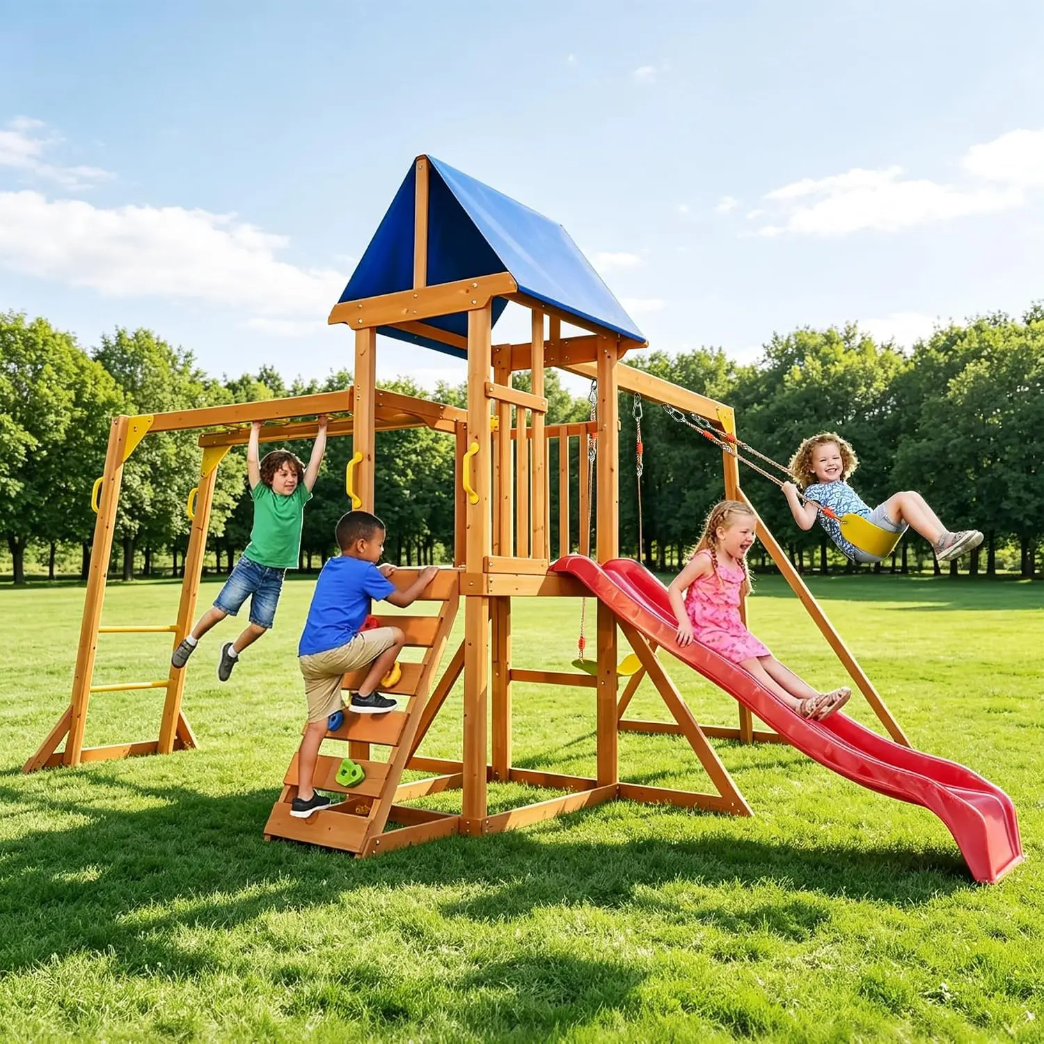 URGEWWooden Swing Sets for Backyard, Kids Outdoor Playground Set with Monkey Bars, Wave Slide, 2 Belt Swings, Climbing Ladder, Rock Wall, Play Deck with Canopy