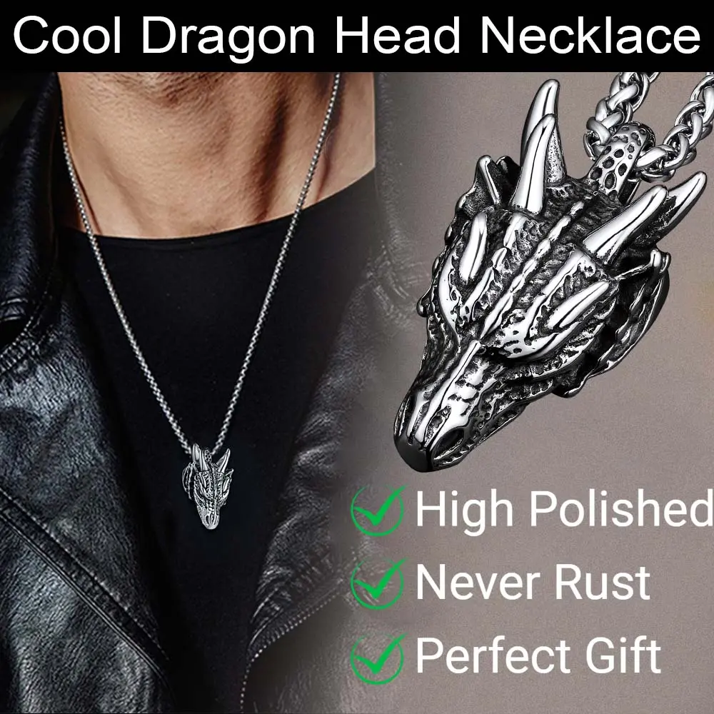 FaithHeart Pendant Necklace for Men, Vintage Stainless Steel Dragon Head Charm with Enamel, Cool Punk Jewelry, 22+2" Extended Chain, Nickel-Free with Free Pouch, Look, Grams