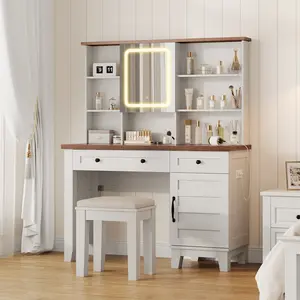 Farmhouse Makeup Vanity Desk with Solid Wood Stool, Makeup Table with Mirror and Lights & Power Outlet, Makeup Table with 2 Drawers, Dressing Table with Glass Top for Bedroom