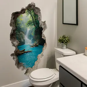 Self-Adhesive Removable 3D Illusion Wall Panel, Turquoise Blue Waterfall & Forest Texture, Easy Peel Stick Home Office Bathroom Decor