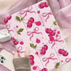 Pink cherry bow pattern, with adjustable bracket and pen slot, foldable non-slip TPU protective case, suitable for iPad mini, iPad Air, iPad Pro/iPad 10th generation, 11th generation and other series iPad protective cases