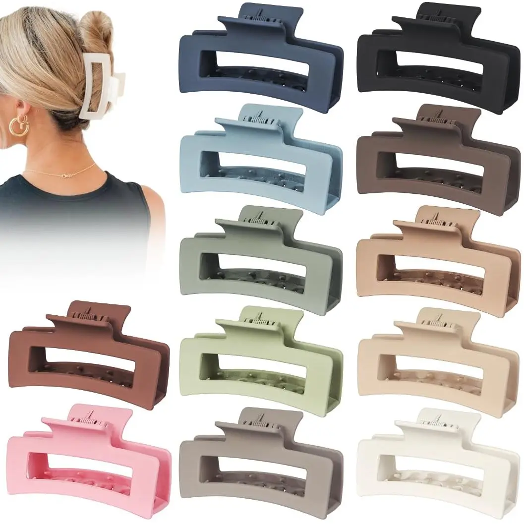 12 Pcs Large Hair Claw Clips 4.1" Non-slip Big Square Matte Hair Clips for Women Thick Thin Hair, Strong Hold Banana Clips