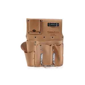 TOOLPRO 8-Pocket Top Grain Leather Drywall Tool Bag Organizer - Right-Handed Heavy-Duty Utility Multi-Functional Belt-Mounted Bag with Convenient Tool Pockets and Hammer Holder for Professionals