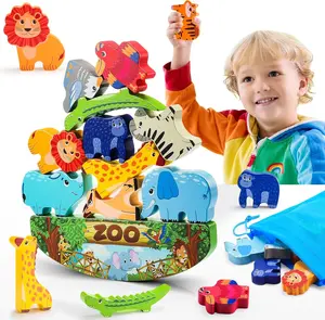 Wooden Animal Blocks Stacking Toy Kids Christmas ,Valentines Day ,Birthday Gifts for Boy Girl Age 3-7 Animals Montessori Toddler Toys 3 4 5 6 7 8 Year Old Boys Girls Educational Toys Fine Motor Balance Game
