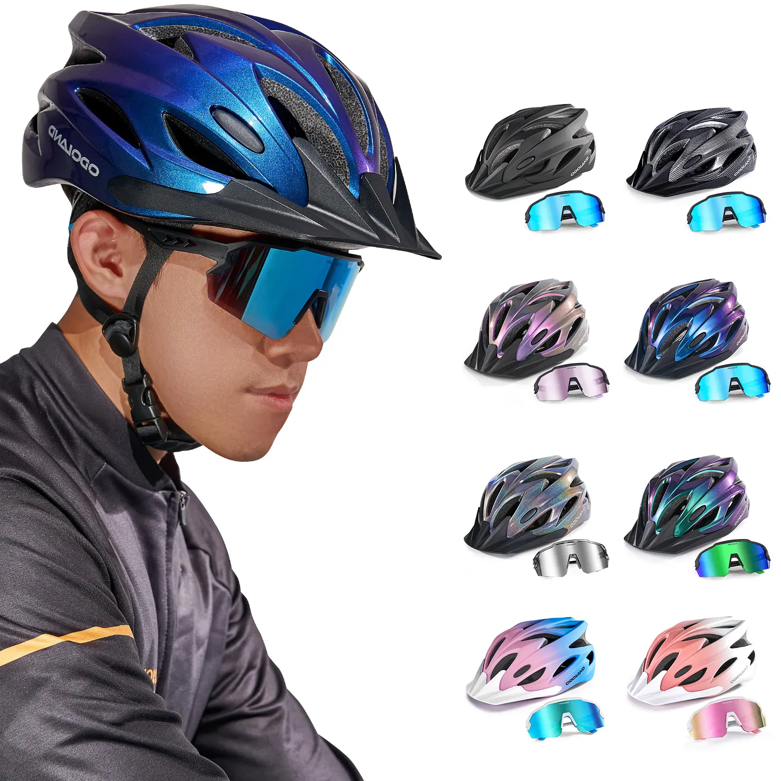 Odoland Bike Helmet Cycling Sunglasses Set for Adult, Adjustable Lightweight Cycling Bicycle Helmet for Mountain Road Bike Men Women