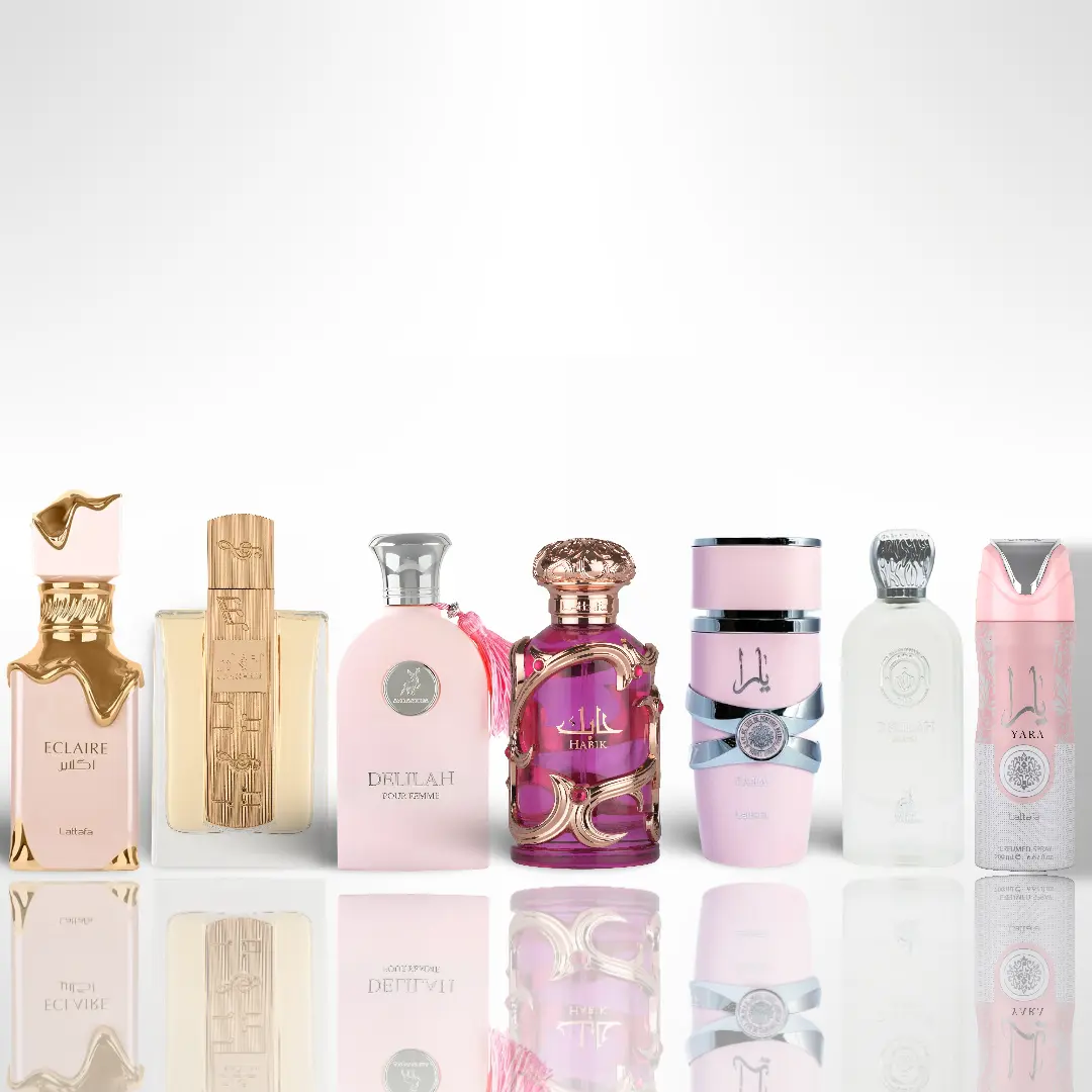 Lattafa Women's Fragrance Multi-Pack Gift Bundle - Angham, Yara Perfume, Yara Deodorant, Delilah Pour Femme, Habik, Éclaire, Maison Alhambra Delilah Blanc 100ml (3.4 oz) EDP Fragrance with Floral, Alcohol-Based, Layered Scents, Bundle Women's Fragrance