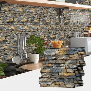 Stone Pattern Wall Sticker, 12pcs/set Self-adhesive Wall Tile Sticker, Waterproof & Oil-proof Wall Decal for Kitchen & Bathroom Backsplash