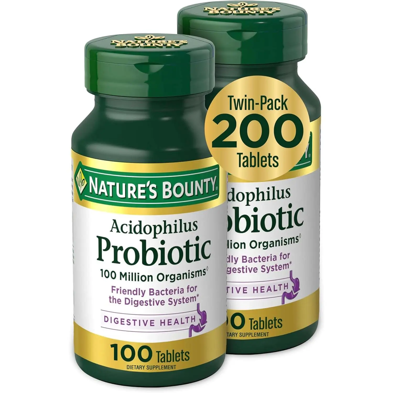 Nature's Bounty Acidophilus Probiotic, Daily Probiotic Supplement, Digestive Health, 200 Tablets, Twin Pack