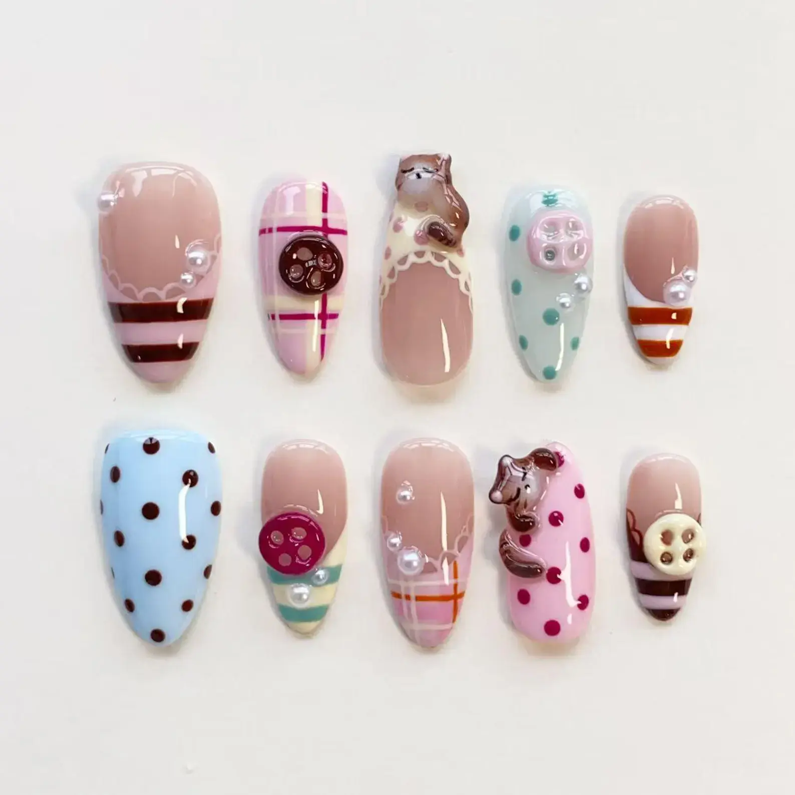 3D Bear Nails/Press On Nails Long Almond Nails/Cute Button Plaid Nails/Polka Dot Lace Nails/Kawaii Pink Nails/Winter Nails/Custom Nails