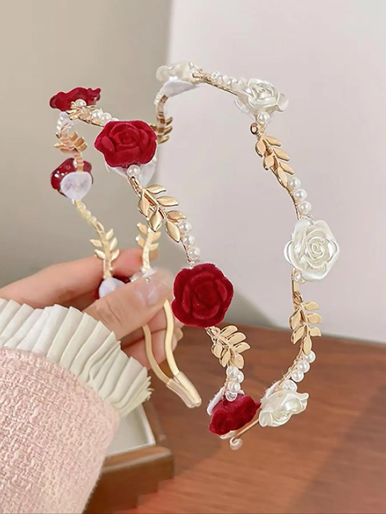 Mother's Day Gift Women's Faux Pearl Accents Decorated Tiara Hair Hoop (2pcs), Floral and Leaf Elements Hair Hoop, Hair Accessories for Women & Girls, Headbands, Fashion Headband, Chic Headbands, Sparkling Flower Headbands, Floral Hairband