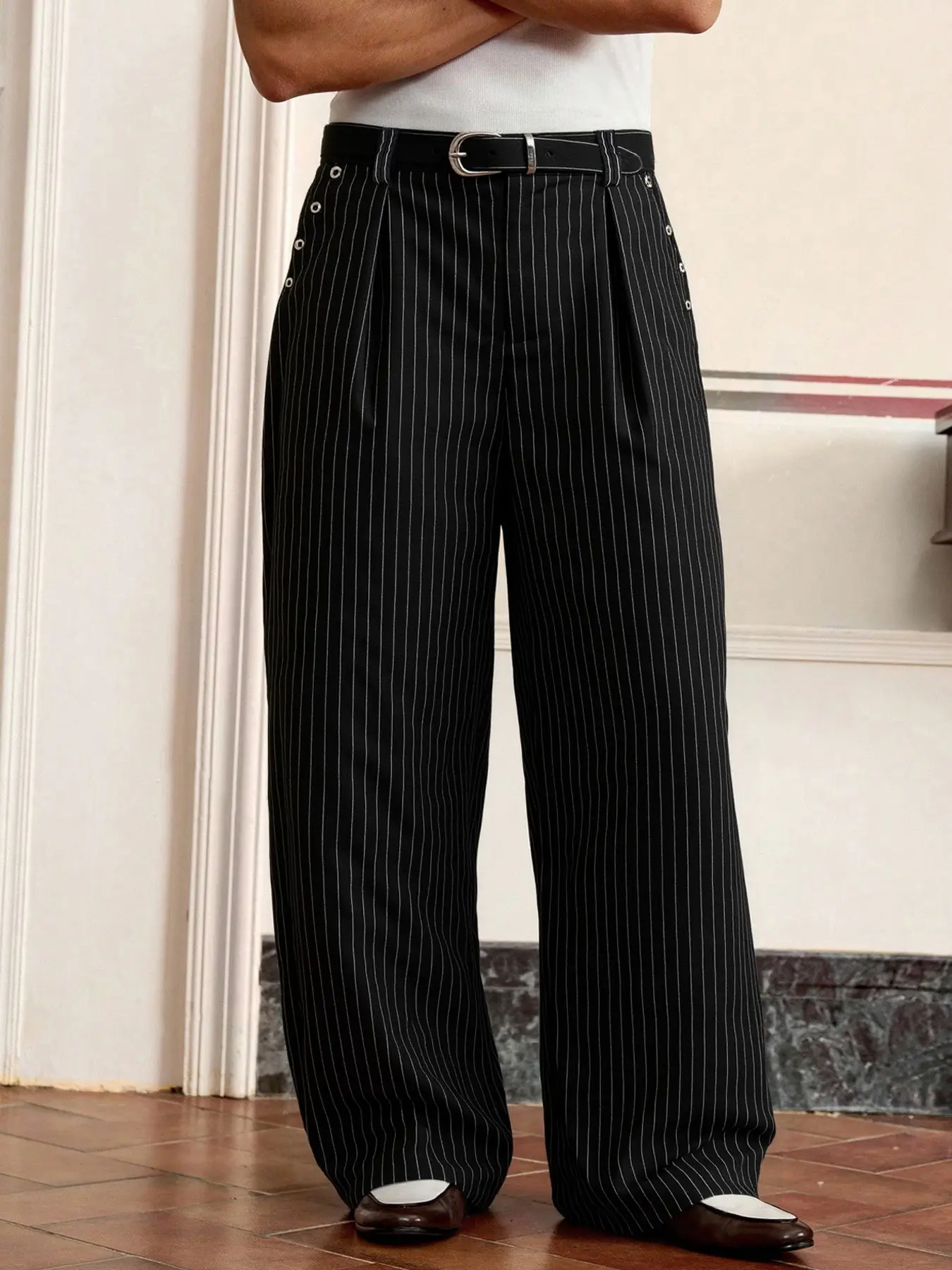Anti-Wrinkle Soft Striped Classic Casual Pants With Pockets, Versatile Fitted Wide Leg Pants, Unisex Loose Straight Fit, Slimming Drape Long Trousers, Casual Chic Trousers, Casual Fashion Comfy, Casual Bottom