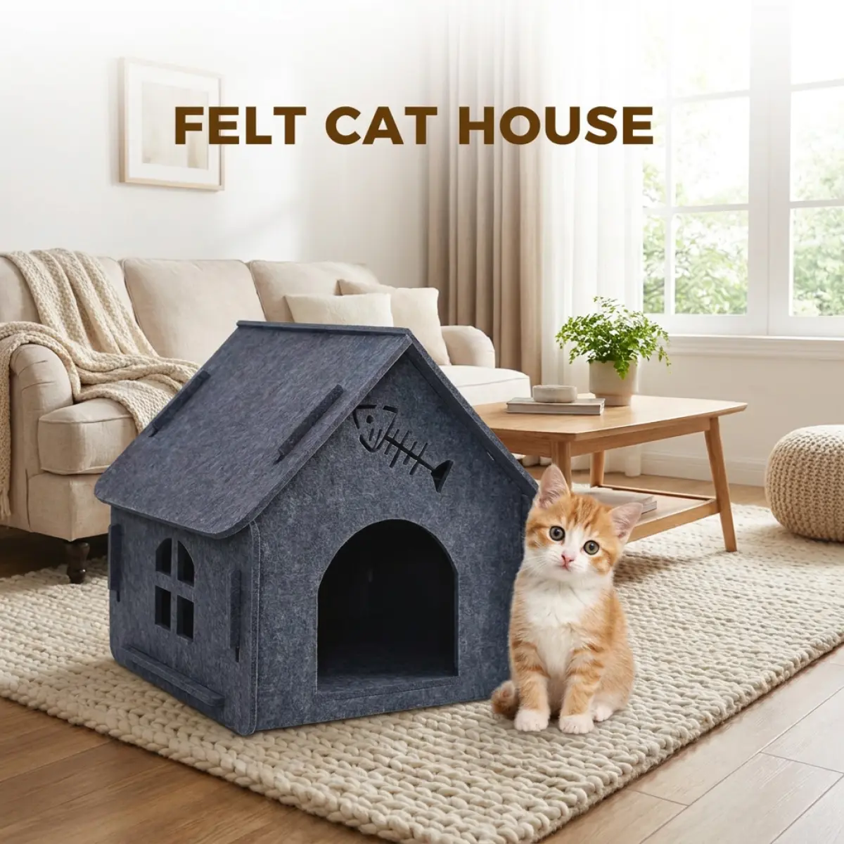 Felt Cat Cave House – Enclosed Cat Bed for Indoor Cats & Kittens, Portable Cat House with Windows, Soft Warm Hideaway for Small Pets