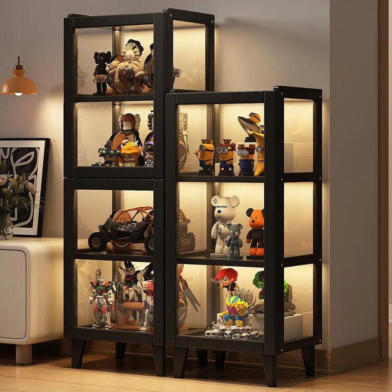 Three-layer and four-layer display cabinets, with acrylic glass doors and black frame storage cabinets, floor-standing storage cabinets, suitable for collectibles, toy organization, game room bookshelves, bedrooms, offices - no power required