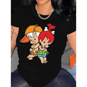 Women's 180g Black Cotton Crewneck Short Sleeve Graphic Tee - Cute Cartoon Flintstones Pebbles and Bamm-Bamm Printed Design Trendy Casual T-Shirt
