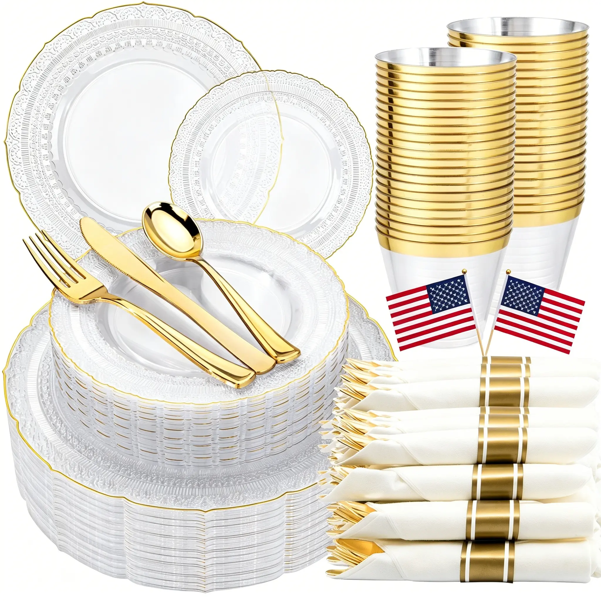 175PCS Clear Gold Plastic Plates - Gold Disposable Plate Service for 25 Guests - 50 Plastic Plates, 25Pre-Rolled Napkins with Cutlery, 25 Cups Perfect for Wedding,Party,independence,graduation
