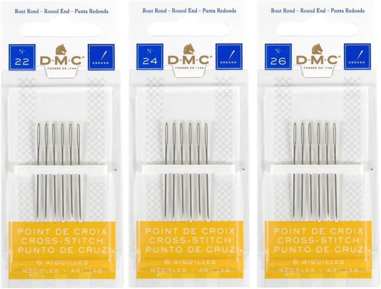DMC 3 Pack Size 22-24-26 (One Pack Each)-Cross Stitch Needles - Total 18 Needles - New Package Gift