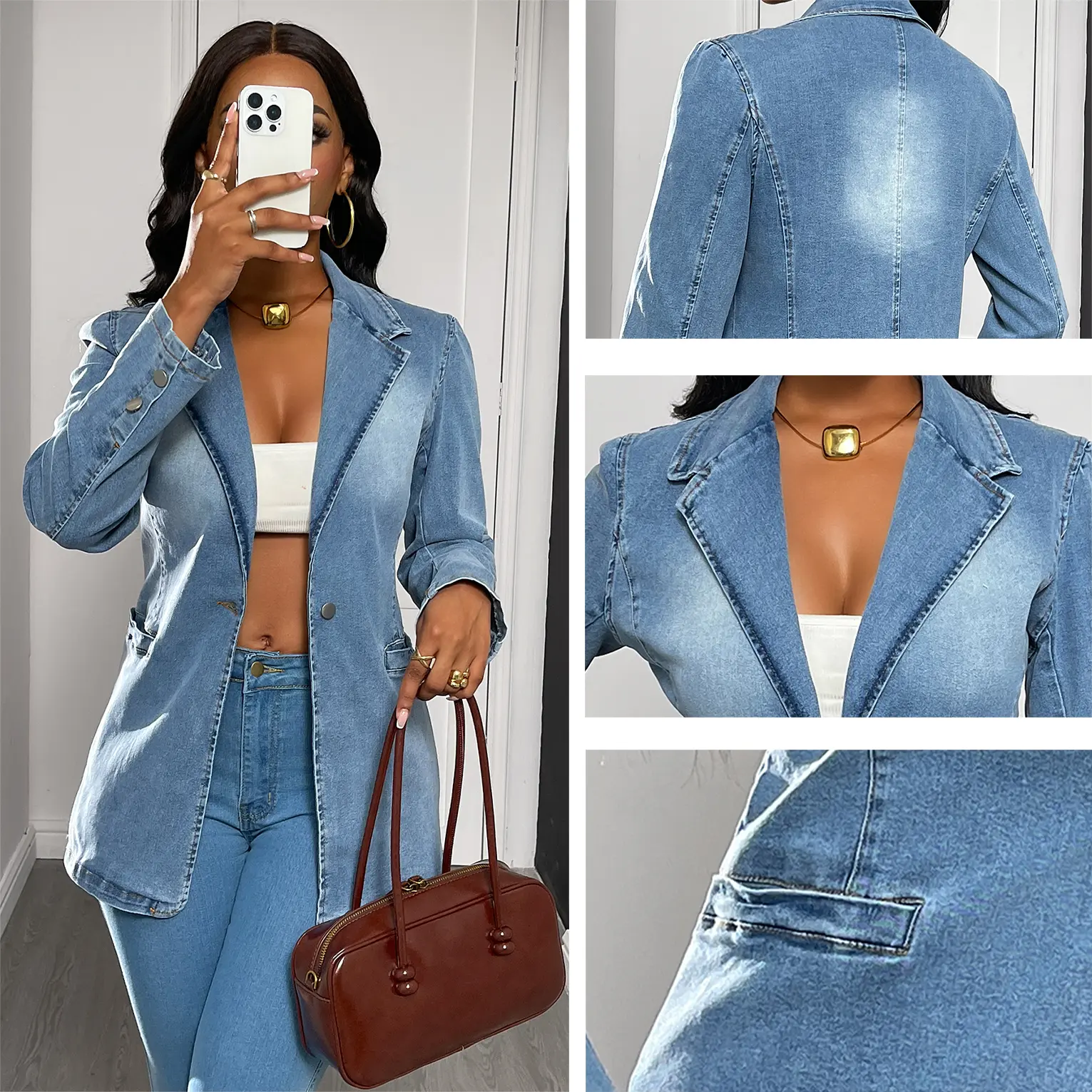AprPith Stylish Light Blue Denim Blazer for Women - Classic Lapel Single - button Design