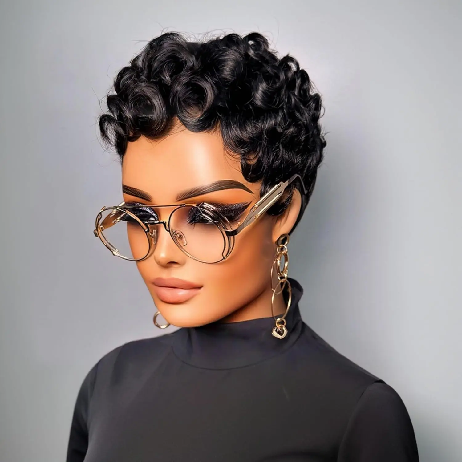 Black Women's Elegant Short Curly Synthetic Pixie Wig with Bangs, Natural Black, Full Machine-Made Glueless Wig for Daily Use, Pixie Wigs