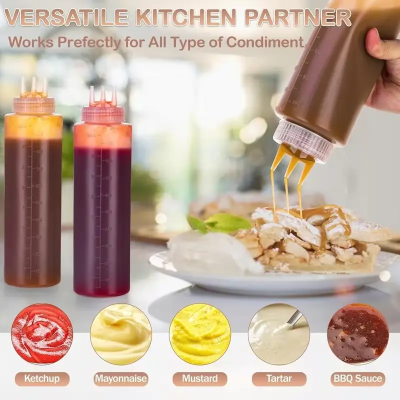 3Pcs 22oz (650ml) 3-Hole Plastic Squeeze Bottles, Condiment Squirt Bottles for Sauce, Ketchup, Mustard & Mayo Seasoning Containers