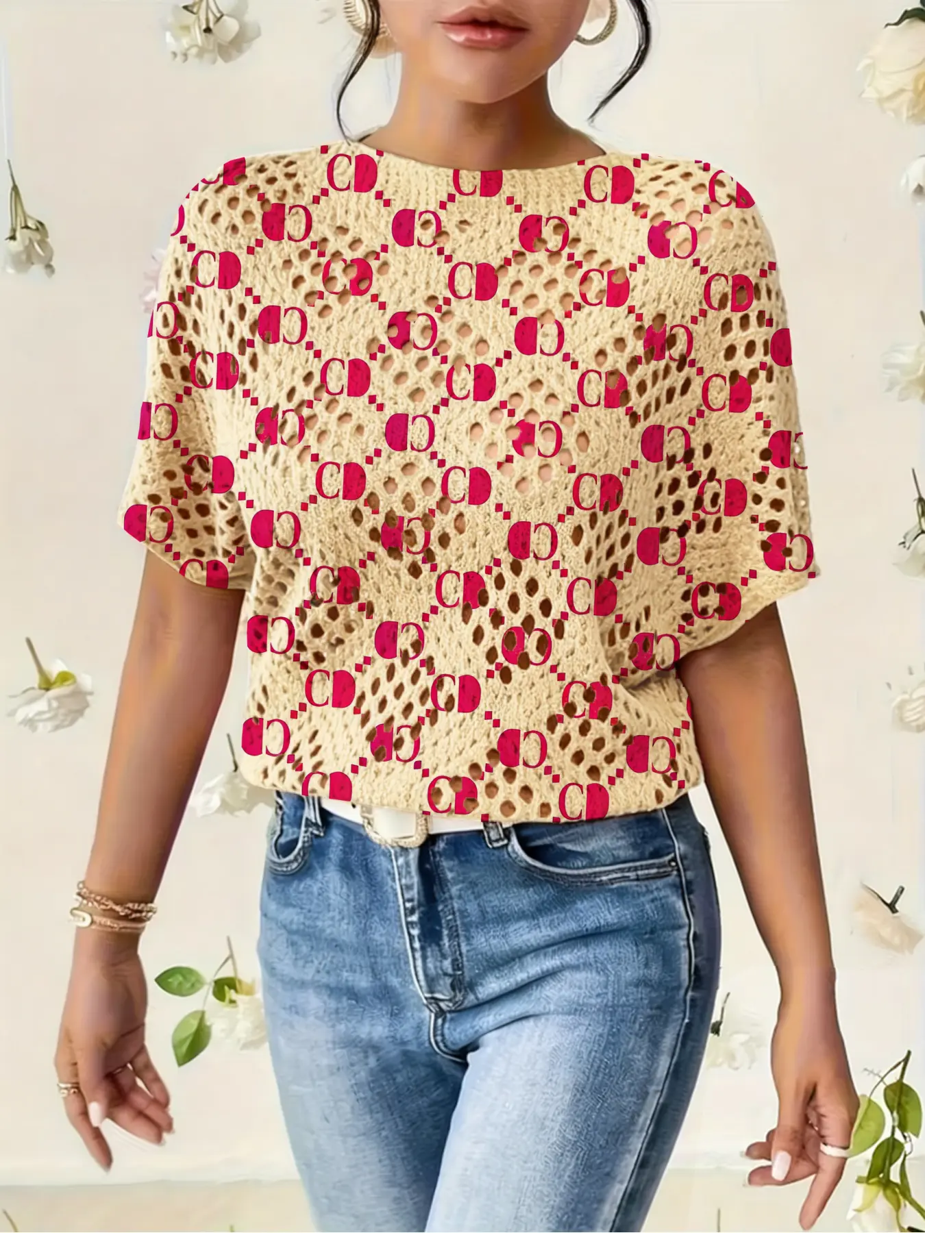 Women's Geometric Ombre Gradient Print Round Neck Sweater Pullover, Casual Chic Batwing Sleeve Fitted Knitwear for Fall Winter, Comfortable Warm Daily Wear Tops