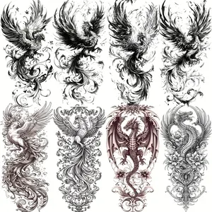 8 Sheets Flying Phoenix Raptors Temporary Tattoos, Long-Lasting Realistic Fake Tattoo Stickers, Waterproof Forearm Sleeve Decals, Floral