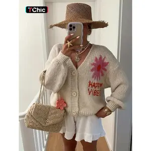 Women’s Sunflower Pattern V-Neck Loose Knit Sweater Jacket, Casual Autumn/Winter Fashion, Double-Sided Wear Design, Elegant Commuter Style, Knit Cardigan