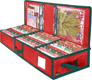 Durable Christmas Wrapping Paper Storage Bag, 40" Gift Wrap Storage Bag with Flexible Partitions and Pockets for Ribbon, Accessories