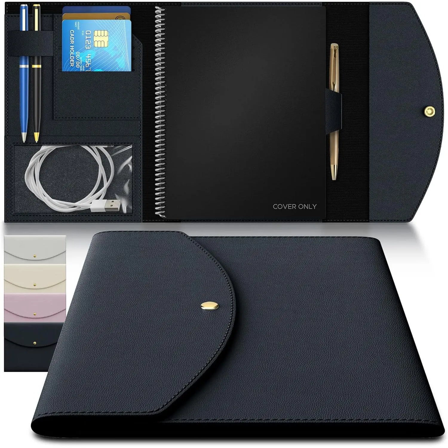 A4 book Cover for , Planner & Journal - Slim Vegan Leather Folio with Pen Loop, Card Slots & Pockets - Fits  Core, Panda, Fusion &  8.5" x 11" books