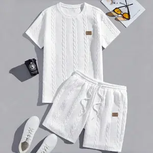 Men's 2-Piece Jacquard Round Neck Shortsleeve T-Shirt & Drawstring Waist Shorts Clothes Set - Plain, Casual, Stylish Athletic Menswear, Cozy All-Seasons for Indoor/Outdoor Use, Ideal Gift for Boyfriends