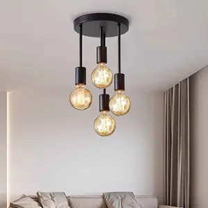 1Pc Black/Gold Retro 4-Head E27 Bulb Base Pendant Light, Home Decoration Lamp, Suitable For Bedroom, Kitchen, Hallway, Corridor Chandelier(Without Bulb)